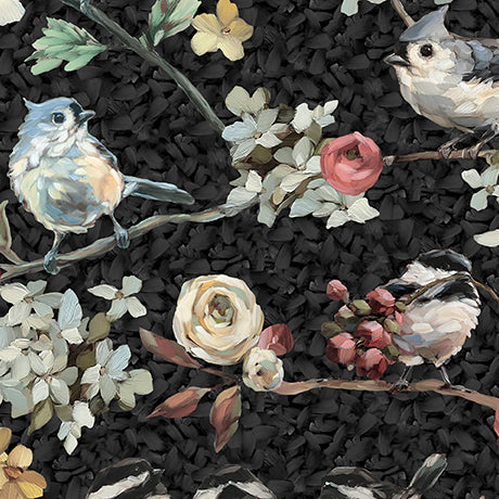 Daisies and the Chickadees - Black Chickadees on Floral Branches - 2600 32339 J