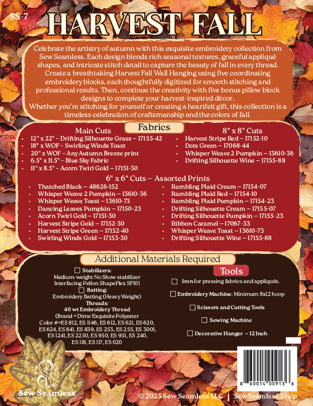 Harvest Fall Wall Hanging - Embroidery Design Collection (Printed Booklet + USB Flash Drive + Digital Downlaod Code))