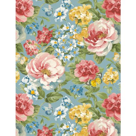 Blushing Meadow - Packed Floral Blue Wide Back 107"/108" - 1055 7217 437