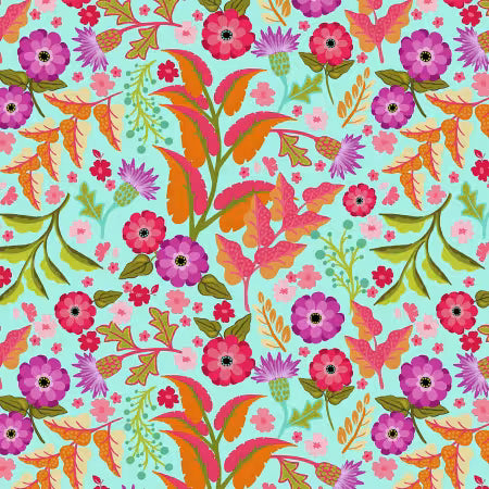 Zinnias - Floral Aqua - CD16691R-AQUA