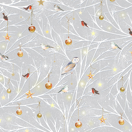 Woodland Wonder Flannel - Birds/Ornaments on a Branch Gray - 24524-KFLN