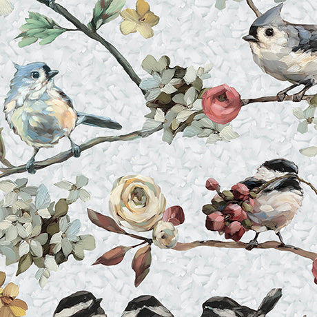 Daisies and the Chickadees - Gray Chickadees on Floral Branches - 2600 32339 K