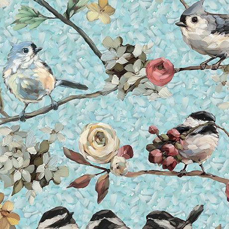 Daisies and the Chickadees - Dusty Aqua Chickadees on Floral Branches - 2600 32339 Q