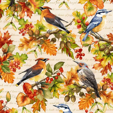 Oak & Berries - Allover Birds and Leaves Cream Multi - 3653-44