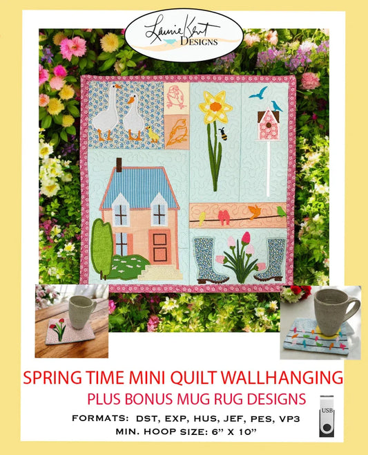 Spring Time Mini Quilt/Wall Hanging - Machine Embroidery USB (2 Bonus Mug Rug Designs)