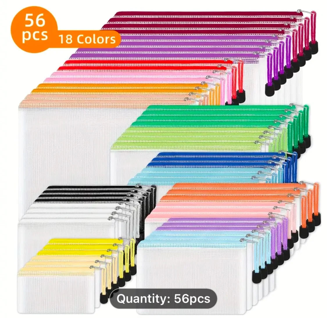 56 Zipper Pouches Multi-Colors, Waterproof Mesh, Multi-Sizes