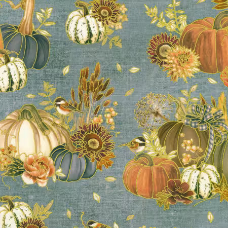 Hello Fall - Pumpkins, Birds, Florals Dusty Blue - AWHDM2391568