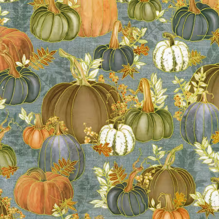 Hello Fall - Pumpkins, Fall Leaves Dusty Blue - AWHDM2391668