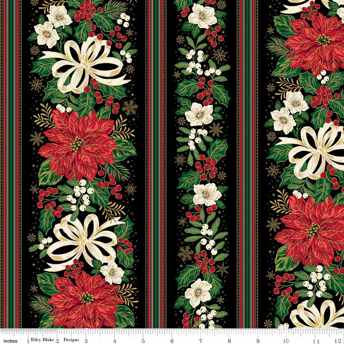 Poinsettias at Christmas - Border Stripe Black Foil - CF17637-BLACK