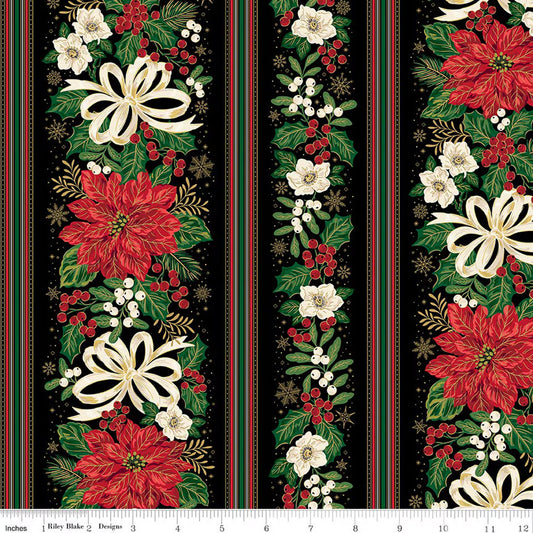 Poinsettias at Christmas - Border Stripe Black Foil - CF17637-BLACK