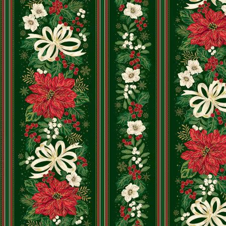 Poinsettias at Christmas - Border Stripe Green Foil - CF17637R-GREEN