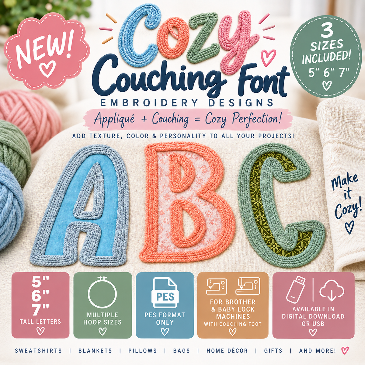 Cozy Couching Font - Embroidery Designs