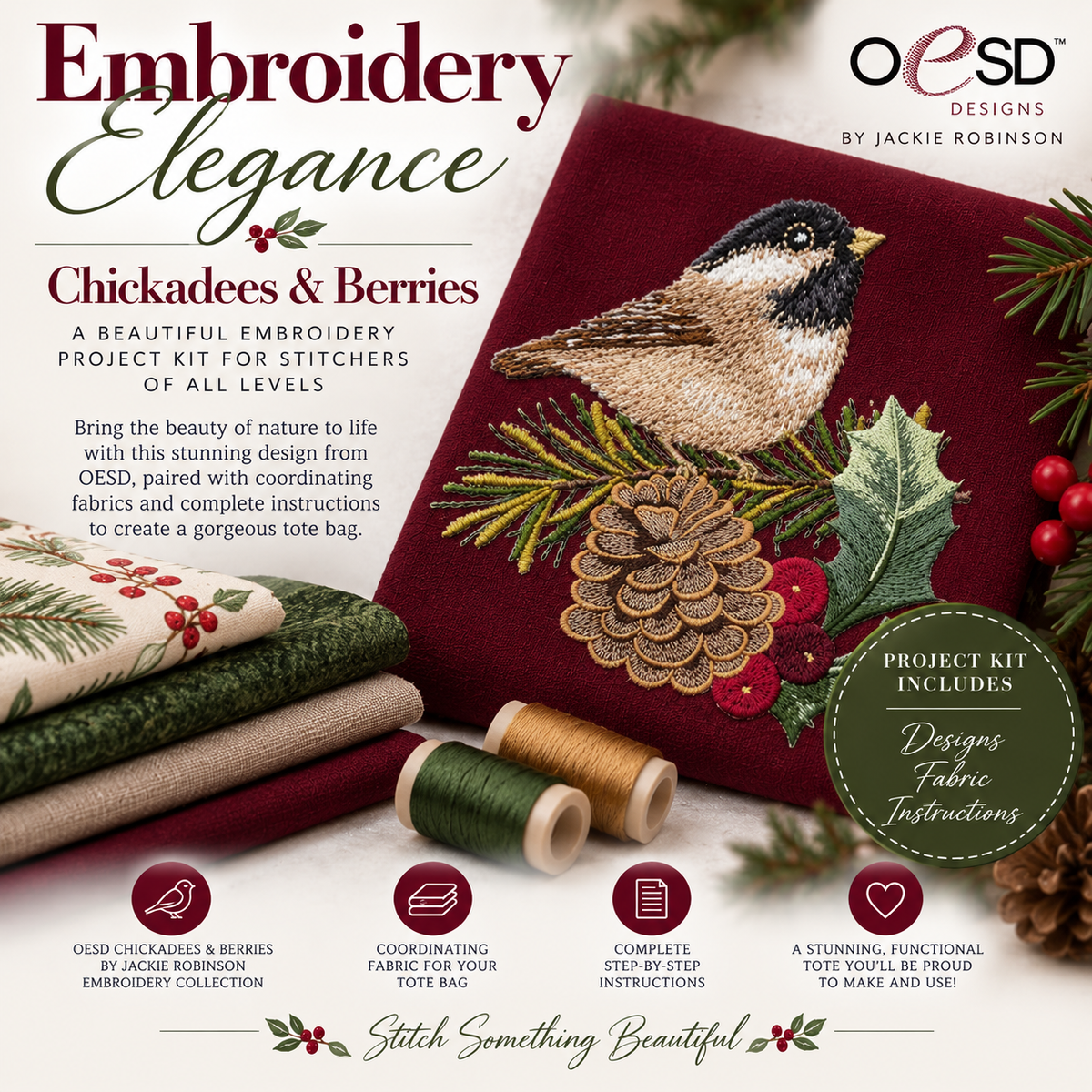 Chickadees & Berries Tote Bag - Embroidery Elegance - Project Kit