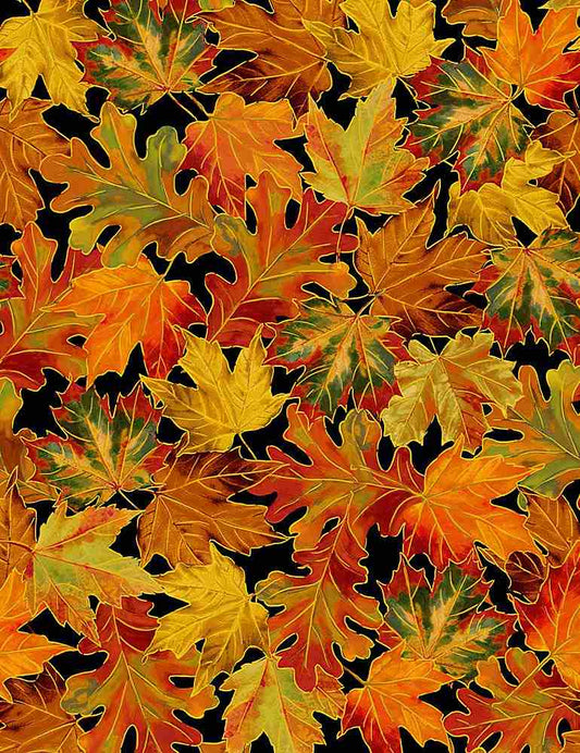 Give Thanks - Allover Metallic Autumn Leaves - HARVEST-CM1289-BLACK