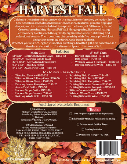 Harvest Fall Wall Hanging - Embroidery Design Collection (Printed Booklet + USB Flash Drive + Digital Downlaod Code))