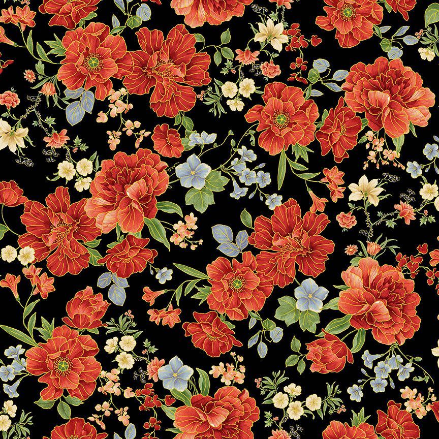 Imperial Bloom - Asian Medium Floral Metallic - IMPERIAL-CM4374  BLACK