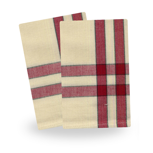 Cranberry/Cream with Green Stripe Tea Towels, Set of 2