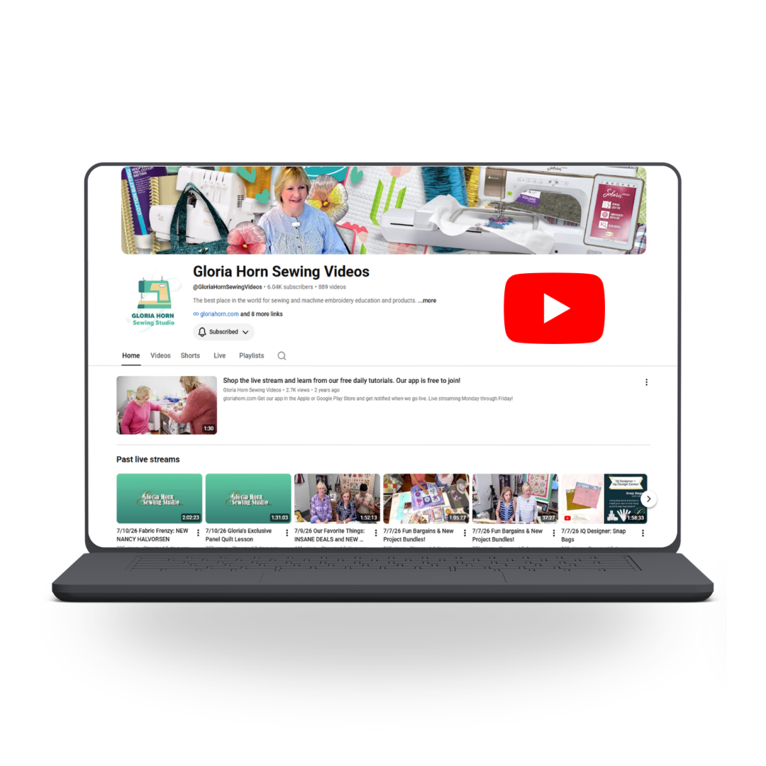 A black laptop computer shown from the front on a white background, displaying a YouTube channel page for 'Gloria Horn Sewing Videos' on its screen.